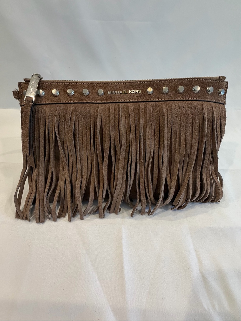 NWT Michael Kors Brown Suede Fringe Wristlet with Stud Trim